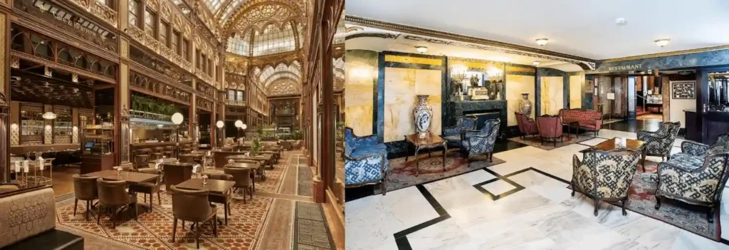 Best hotels in Budapest: A side-by-side view of the PĂĄrisi Udvar Hotelâs neo-Gothic glass-domed cafĂ© and the Danubius Hotel Astoriaâs Empire-style lobby featuring marble pillars and antique furnishings.