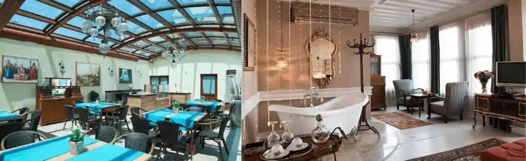 The contemporary glass-domed atrium of Bursa İpekyolu and the elite period-style suite of Kitapevi Hotel, featuring a freestanding roll-top bathtub and hand-carved furniture, are verified assets in the best hotels in Bursa Turkey landmark audit.