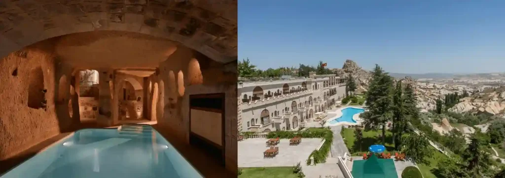 A merged visual of the 2,000-year-old monastery cave pool at Argos in Cappadocia and the historic rock-carved facade of Uchisar Kaya Hotel, documenting the structural heritage of the best hotels in Cappadocia.