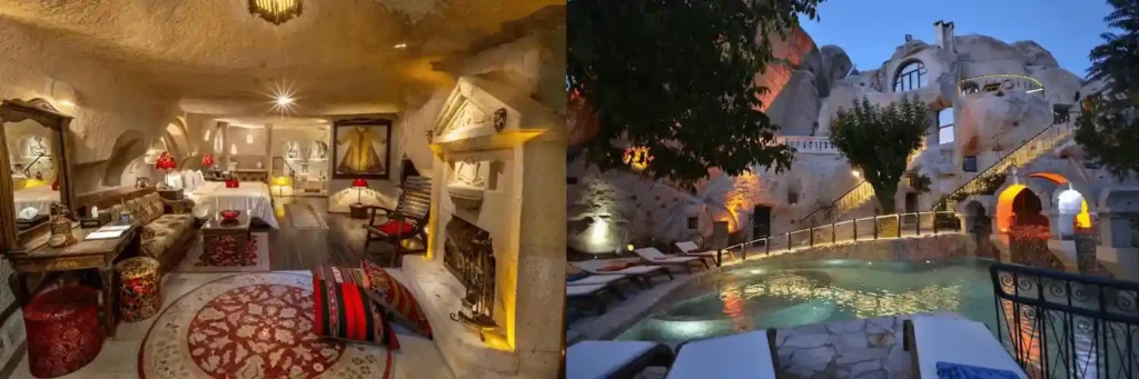 A merged visual of a Byzantine-era cave suite with original stone pillars and the Roman-style outdoor pool at Gamirasu Cave Hotel, a verified 12th-century monastic retreat in our best hotels in Cappadocia.