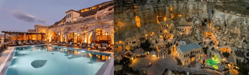 A merged visual of the restored 18th-century Phocas neighborhood at Kayakapi Premium Caves and the 5th-century Byzantine cave dwellings of Yunak Evleri, documenting two primary architectural assets in our best hotels in Cappadocia landmark audit.
