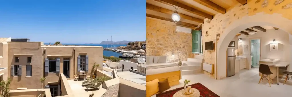 A split-view image showcasing the 17th-century Venetian-Ottoman facade of AZADE Chania and the jewel-toned interior with Arab-inspired decor of Alcanea Boutique Hotel, both among the best hotels in Chania.