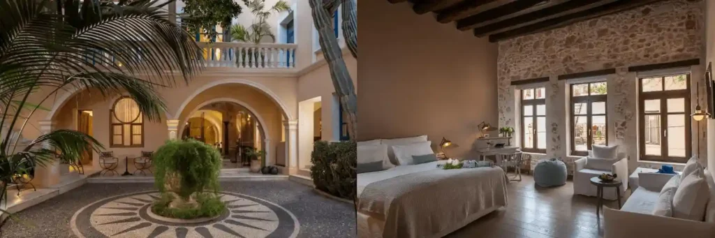 A split-view comparison of luxury interiors at the best hotels in Chania: the 17th-century pebbled courtyard of Casa Delfino and a suite at Serenissima Boutique Hotel featuring authentic Venetian arched ceilings.