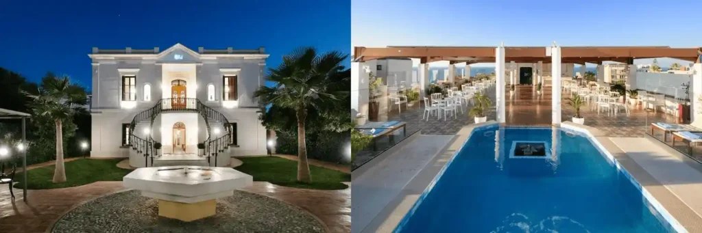 A side-by-side visual of the 19th-century neoclassical facade of the historic Halepa Hotel and its dedicated garden-level swimming pool, two prominent features of one of the best hotels in Chania.