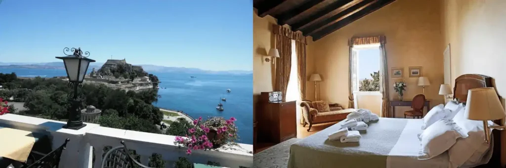 A split-view of the best hotels in Corfu town featuring the panoramic UNESCO Old Town terrace view from Cavalieri Hotel and a neoclassical bedroom with original 1823 wooden beams at Siora Vittoria.
