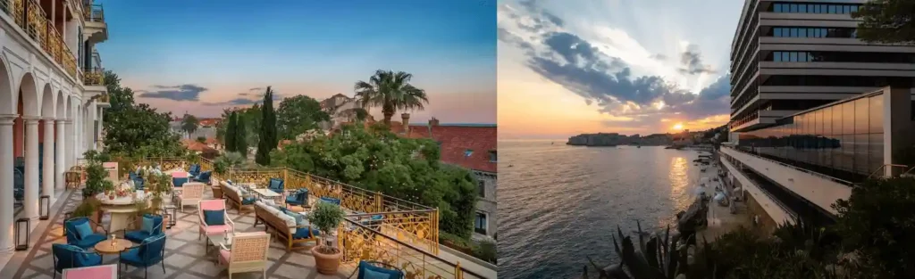 Best hotels in Dubrovnik: A merged view of the 1897 imperial dining terrace at Hilton Imperial and the exclusive private stone beach at Hotel Excelsior's 1913 royal villa section.