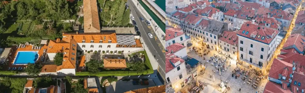 Best hotels in Dubrovnik: A merged view of the 18th-century Baroque facade of The Pucic Palace overlooking Gundulic Square and the 1573 Renaissance stone walls of Boutique Hotel Kazbek on the Gruz Bay waterfront.