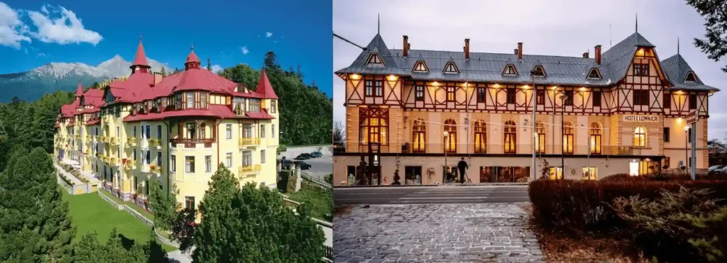 Best hotels in High Tatras: The iconic 1905 Art Nouveau facade of Grandhotel Praha and the meticulously restored 1894 exterior of Hotel Lomnica in Tatranská Lomnica.