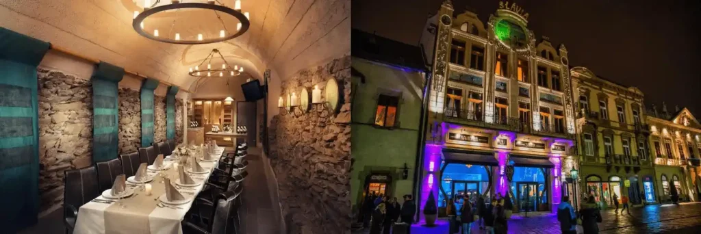 Best hotels in Košice: The historic dining room of Hotel Ambassador with authentic medieval stone walls and the ornate Art Nouveau facade of Boutique Hotel Slávia illuminated at night.