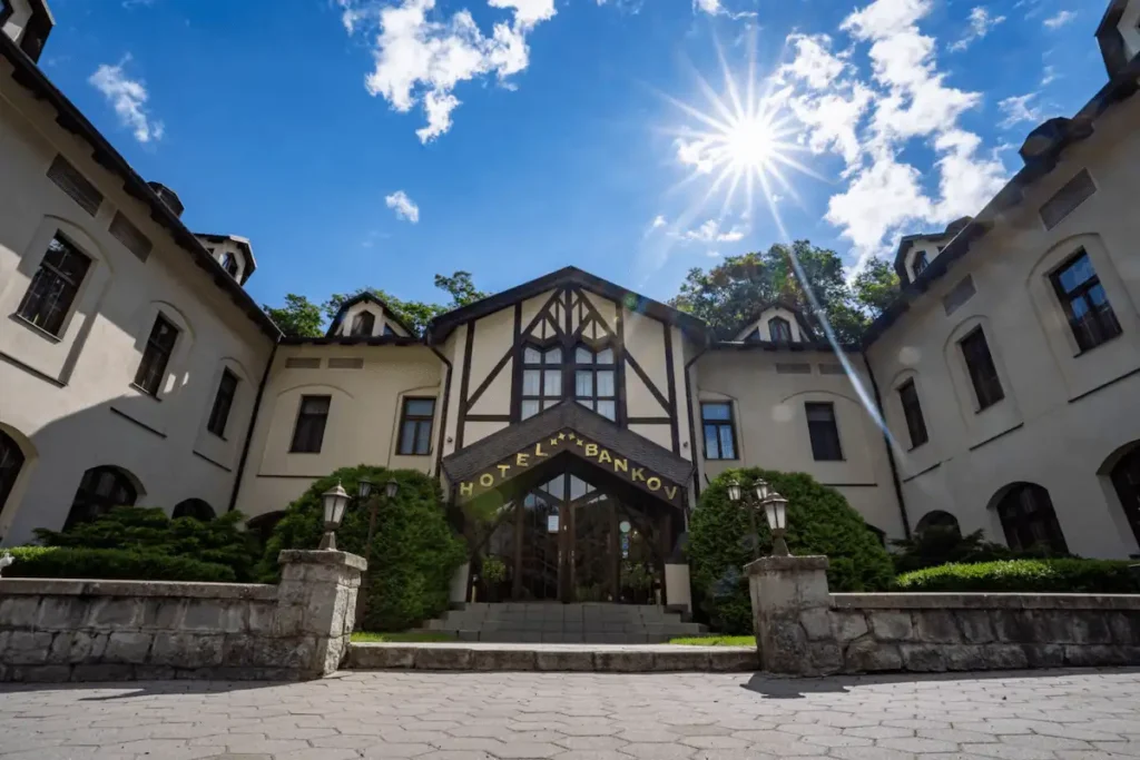 Best hotels in Košice: The 1869 Imperial facade of Hotel Bankov, the oldest hotel in Slovakia, featuring its historic 19th-century architecture and the 1765 Chapel of the Holy Cross.