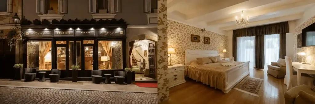 Best hotels in Ljubljana: A split view of the Baroque-style facade of Allegro Hotel at night seen through the bar window and a traditional bedroom featuring ornate wallpaper and a crystal chandelier.
