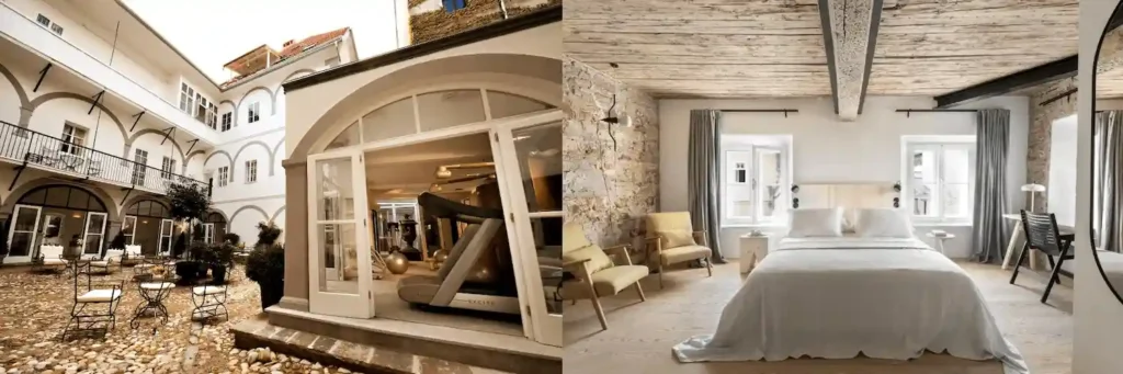 Best hotels in Ljubljana: A composite view showing the 16th-century arched stone courtyard of Antiq Palace and a preserved Renaissance-era bedroom at April1550 Boutique Hotel featuring original timber ceilings and exposed brickwork.