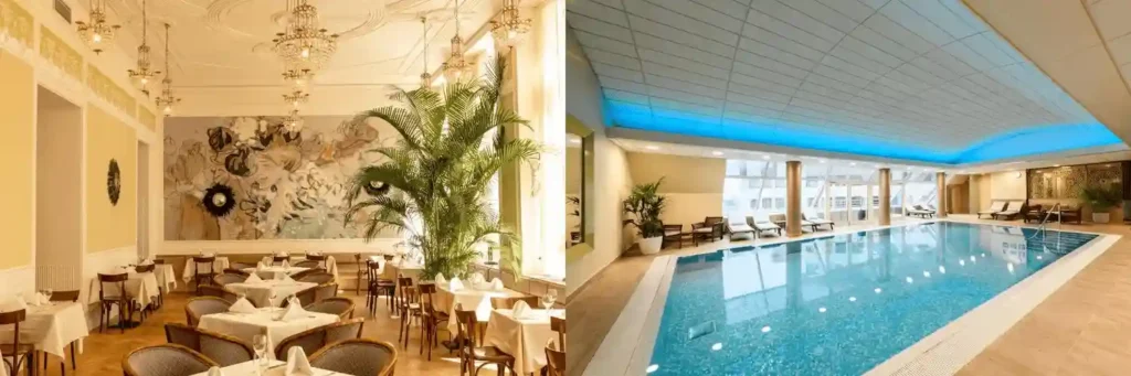 Best hotels in Ljubljana: A composite view of the historic Art Nouveau dining hall at Grand Hotel Union Eurostars and the modern indoor swimming pool featuring panoramic views of Ljubljana Castle.