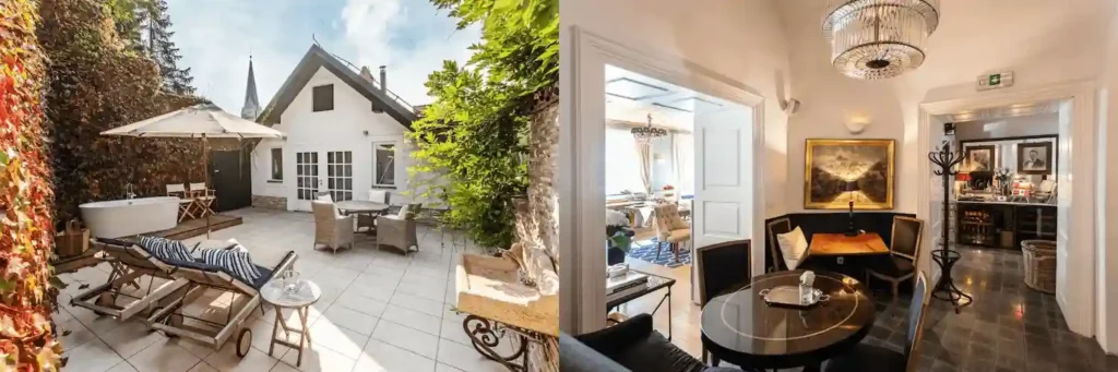 Best hotels in Ljubljana: The private 45-square-meter garden terrace of the Penthouse Suite at Lesar Hotel Angel featuring an outdoor bathtub and the historic rooftop view of the Old Town.