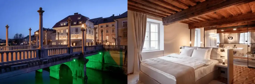 Best hotels in Ljubljana: The uniquely shaped 16th-century Renaissance facade of Zlata Ladjica paired with a suite featuring its original 17th-century wooden ceiling and 18th-century wall paintings.