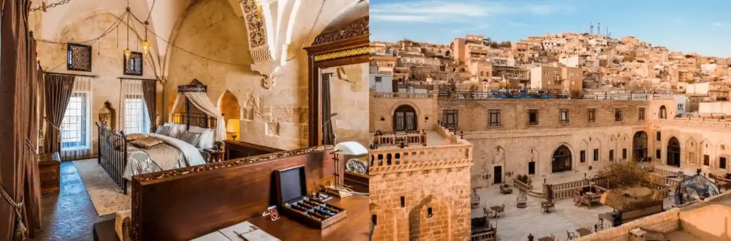 A merged visual of the 16th-century ancestral bedroom at Mardius Tarihi Konak and the 17th-century Armenian-designed stone courtyard of Maridin Hotel, highlighting the best hotels in Merdin for verified elite landmark preservation.
