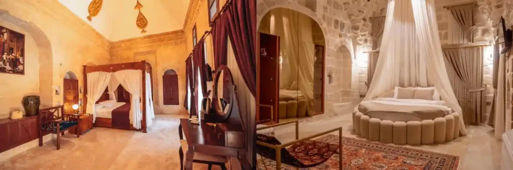 The 14th-century Artuqid foundations of Maristan Tarihi Konak alongside the 900-year-old cross-vaulted masonry of Ana Talia House, two of the best hotels in Merdin featuring authentic hand-carved stone bedroom chambers.