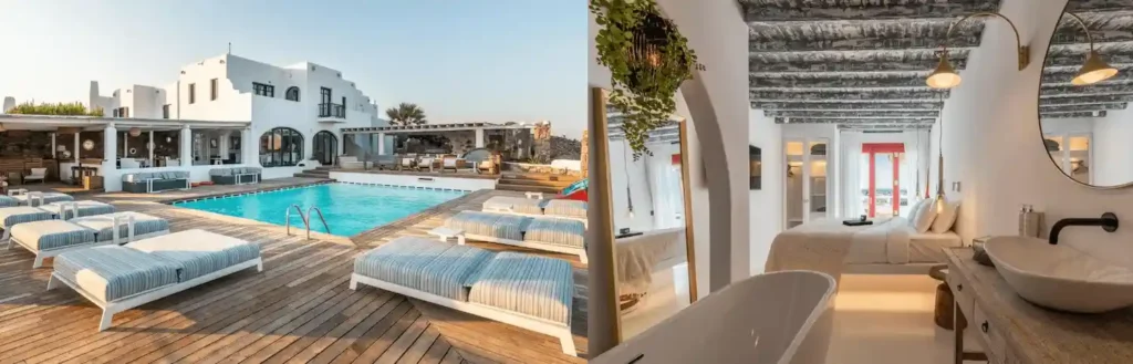 A split-view comparison of the best hotels in Mykonos town featuring the traditional whitewashed architecture and hillside pool of Tharroe of Mykonos alongside a modern, minimalist bedroom at The TownHouse.