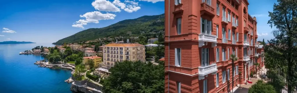 Best hotels in Opatija: A merged view of the 1906 Austro-Hungarian facade of BRISTOL Hotel and the 1885 Secession-style exterior of Hotel Imperial in the town center.