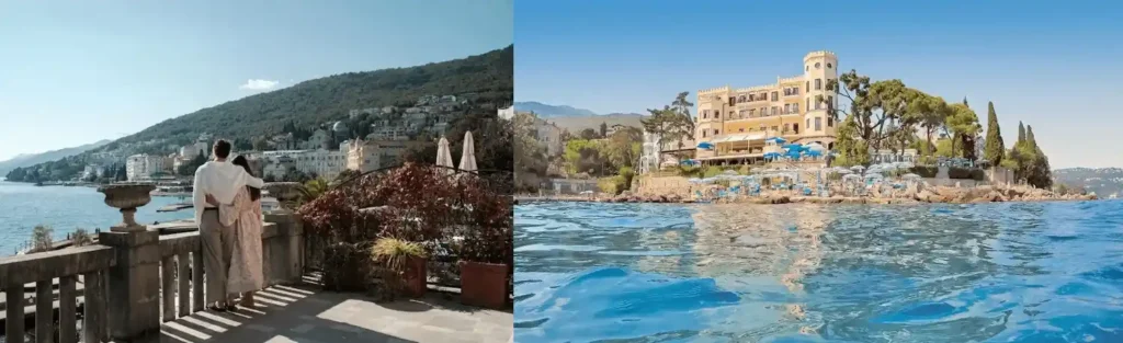 Best hotels in Opatija: A merged view showing the historic sea-facing terrace of Amadria Park Hotel Milenij and the noble 1889 villa facade of Hotel Miramar along the Adriatic coast.