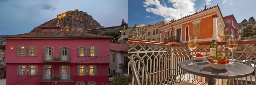 A split-view of the best hotels in Peloponnese featuring the 17th-century First Parliament facade of Grand Sarai and the neoclassical balcony view of the historic Palamidi Fortress from Aetoma Hotel.
