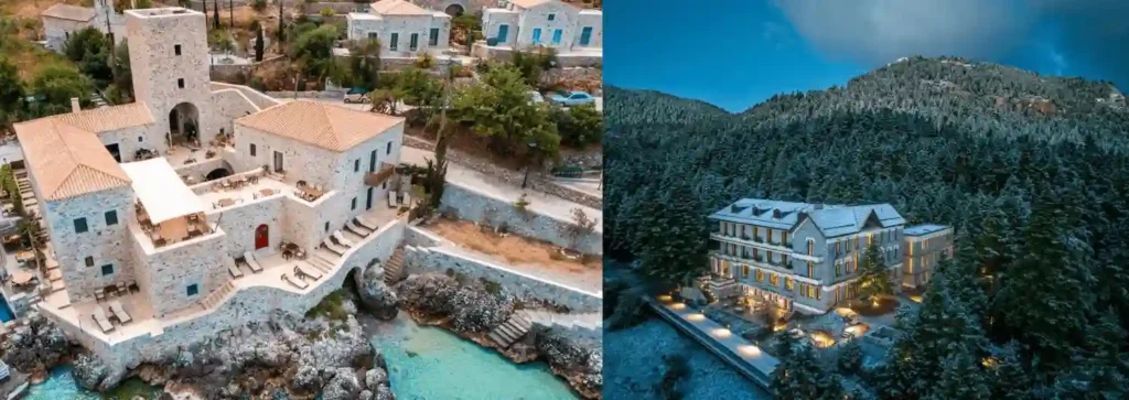 A split-view of the best hotels in Peloponnese featuring the 18th-century stone war tower facade of Pirgos Mavromichali and the 1929 neoclassical sanatorium facade of MANNA.