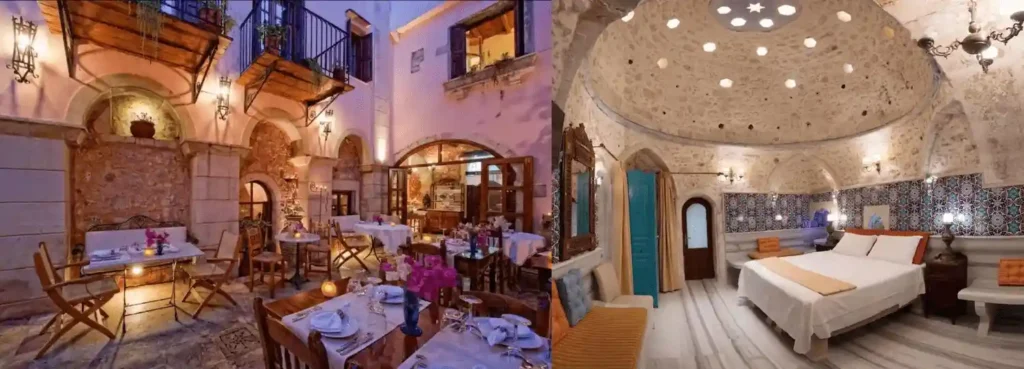 A split-view showcasing the best hotels in Rethymno Crete: the 14th-century stone arches and Venetian charm of the Veneto Boutique Hotel restaurant and a vaulted Ottoman-style bedroom at Hamam Oriental Suites.