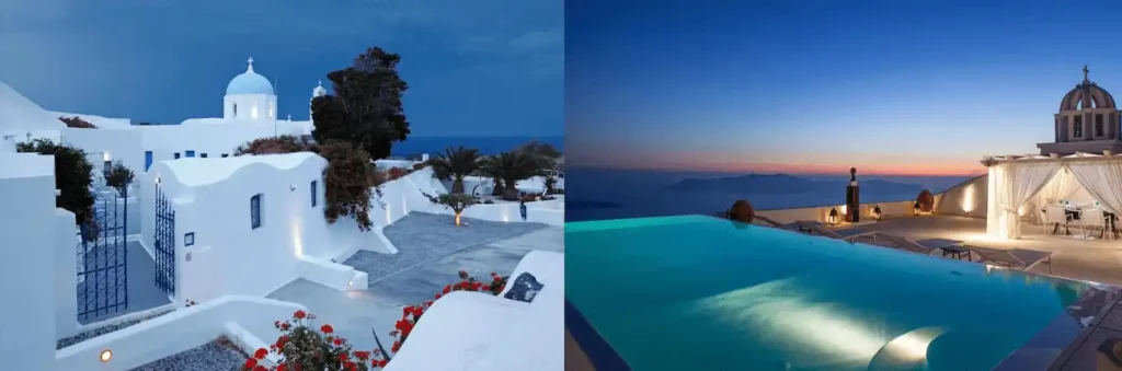 A split-view of the best hotels in Santorini featuring the 15th-century white-domed monastic facade of Aghios Artemios and the clifftop infinity pool at The Tsitouras Collection.