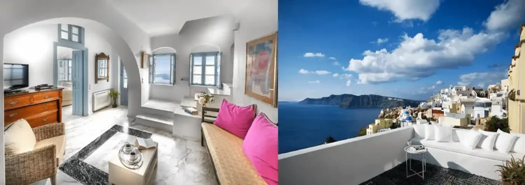 A split-view of the best hotels in Santorini featuring a traditional noble-style room with marble floors at Aigialos and the caldera terrace view from 1864 The Sea Captain's House.