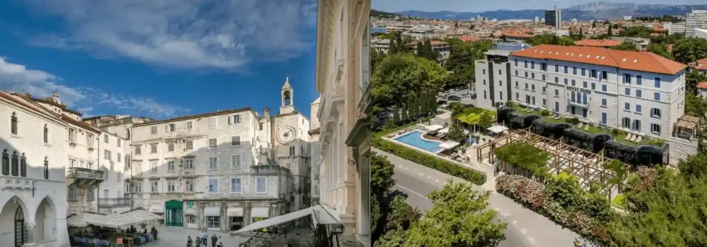 Best hotels in Split: A merged view of the historic 16th-century facade of Judita Palace Heritage Hotel on the Pjaca and the grand 1921 Art Deco stone exterior of Hotel Park Split.