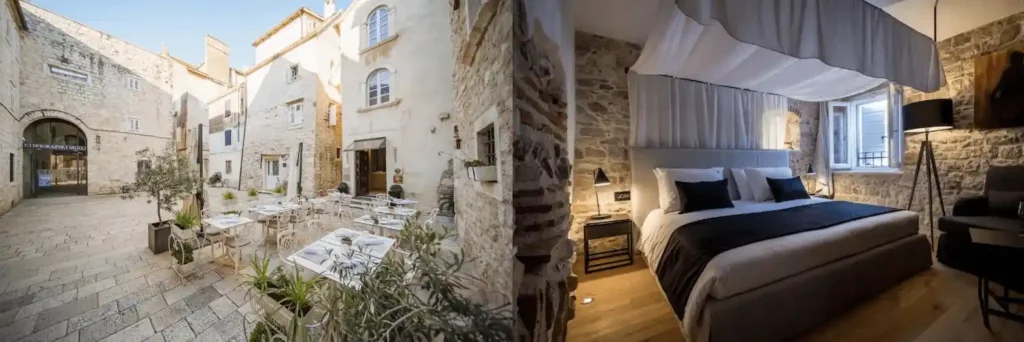 Best hotels in Split: A merged view of the historic stone courtyard at Hotel Vestibul Palace and the original 1,700-year-old Roman palace walls preserved inside a bedroom at Murum Heritage Hotel.