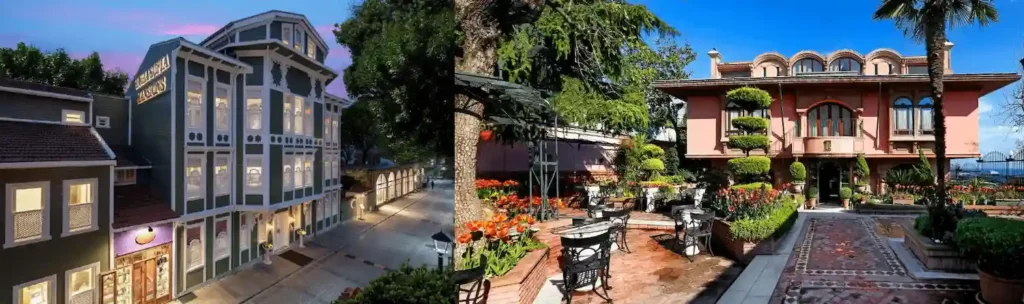 A merged view of the historic facades of Hagia Sofia Mansions and Sultanahmet Palace Hotel, showcasing documented 19th-century Ottoman and Byzantine-rooted architecture for the best hotels in Sultanahmet Istanbul.