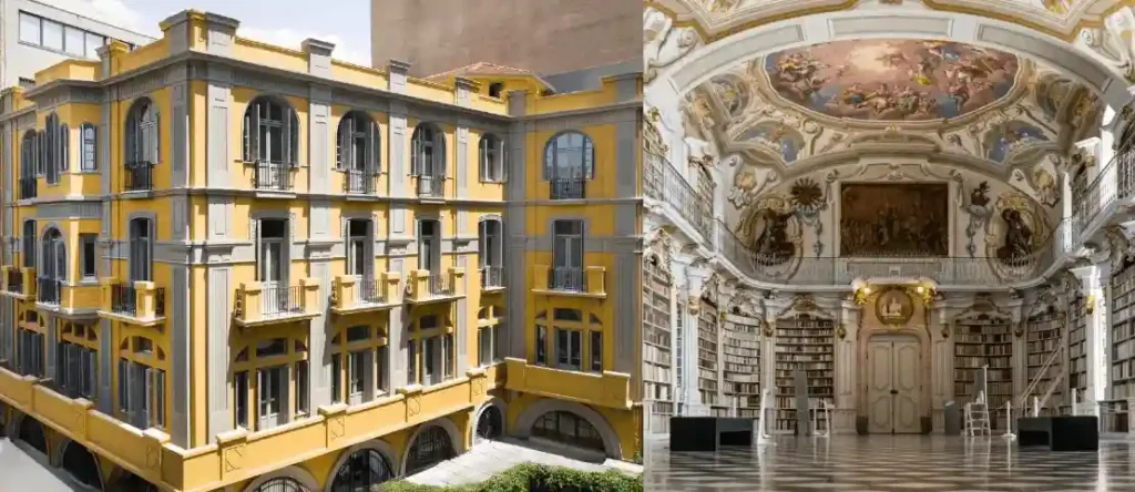 The symmetrical 1925 neoclassical facade of Il Conformista, the former Bank of Thessaly, merged with a view of its carefully restored historic interior volumes, one of the best hotels in Thessaloniki.