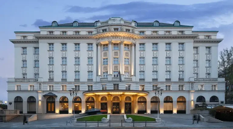 Best hotels in Zagreb: The 1925 Art Deco facade of the Esplanade Zagreb Hotel, featuring monumental neoclassical columns and the original entrance built for Orient Express travelers.