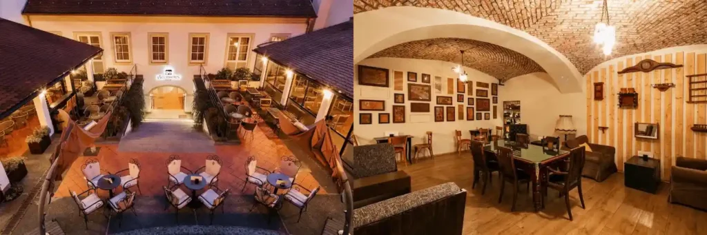 Best hotels in Zagreb: A side-by-side view of the original 1827 inner courtyard of Hotel Jägerhorn and its historic café featuring 19th-century exposed brick arches and a gallery wall of vintage photographs.