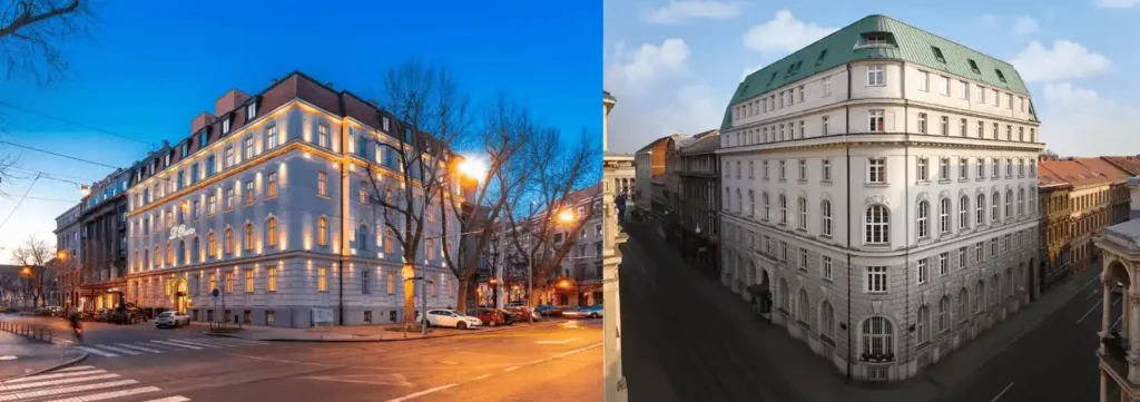 Best hotels in Zagreb: A merged view of the 1923 Secessionist facades of Hotel Le Premier and Hotel Capital, two monumental former bank palaces in the city's historic center.
