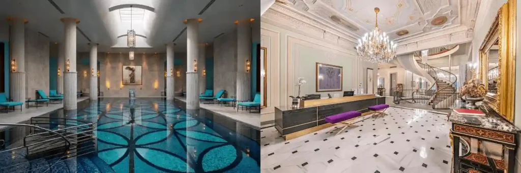 A merged interior view featuring the indoor heated pool of Four Seasons Hotel Istanbul at the Bosphorus with its illuminated columns, and the grand lobby of Bosphorus Palace Hotel showcasing original 19th-century Neo-Baroque gold-leaf ceiling details, representing the best hotels on Bosphorus Istanbul.