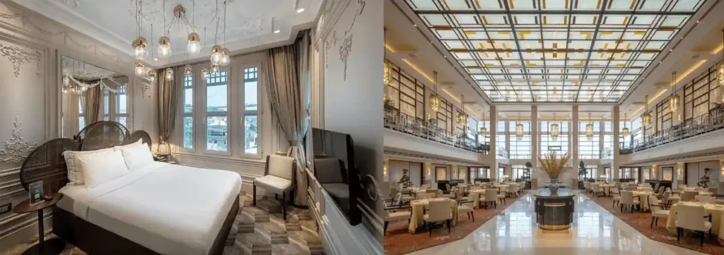 A merged interior view featuring a luxury bedroom at The Stay Bosphorus with original 19th-century high-vertical windows, and the expansive Terazza Italia restaurant at The Peninsula Istanbul within the restored 1940s modern maritime terminal, highlighting the best hotels on Bosphorus Istanbul.