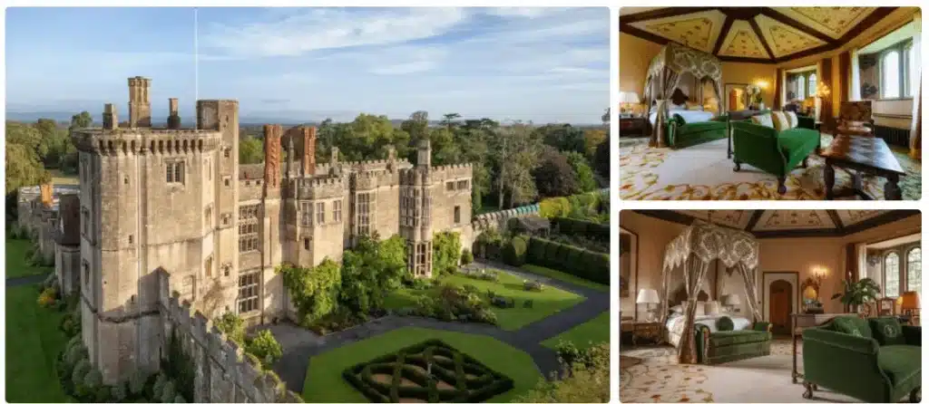 Exterior view of the fortified Tudor masonry and crenelated towers of Thornbury Castle alongside the Duke’s bedchamber featuring original 16th-century architectural details.