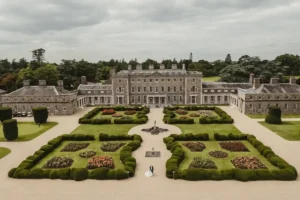 The magnificent 18th-century Palladian facade of The Carton House Hotel in Maynooth, showcasing the historic 1739 architecture of the ancestral seat of the FitzGerald family set within its 1,100-acre private walled estate.