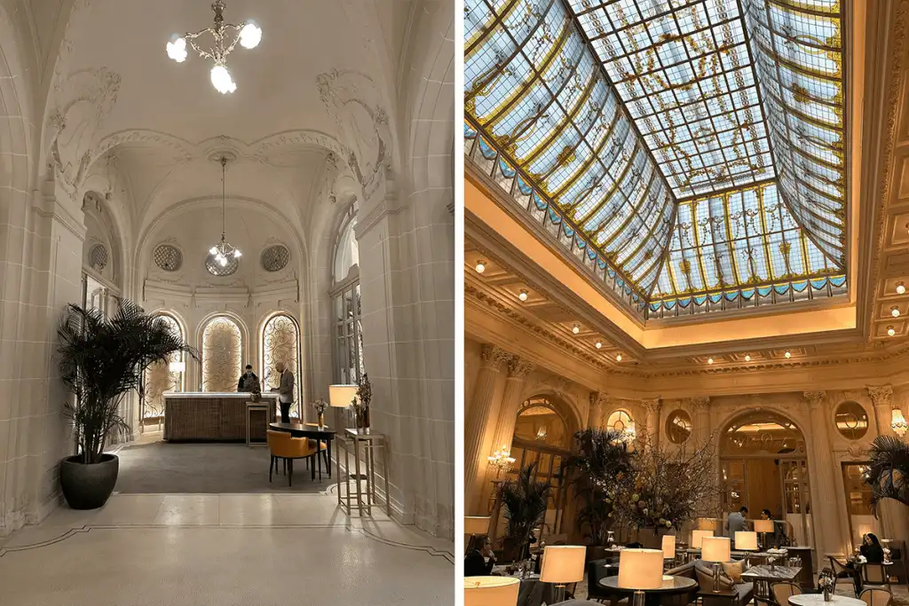 A side-by-side view of the Corinthia Grand Hotel Astoria Brussels interiors, showing the white stone-carved reception area and the grand Palm Court lounge featuring a massive 1910-original stained-glass skylight.