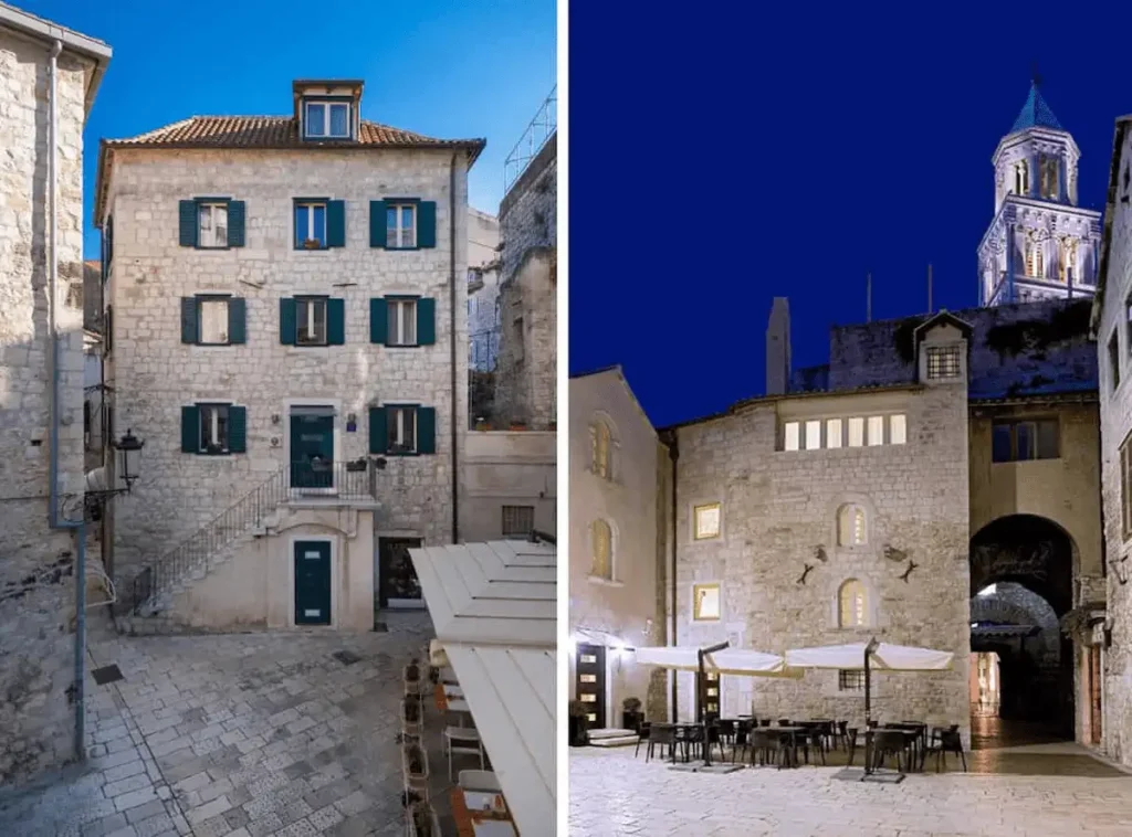 A side-by-side view of Hotel Vestibul Palace showing the historic stone Villa annex by day and the illuminated ancient Roman archway of the main Palace building at night in Split.
