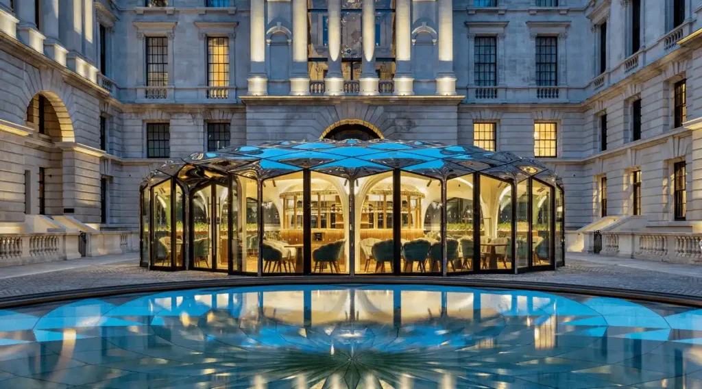 The sleek, modern glass and steel Courtyard Pavilion at Raffles London at The OWO, illuminated at night and reflected in a geometric water feature, set against the historic Portland stone facade of the former Old War Office.