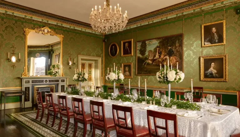 The historic Constitution Room at The Shelbourne Dublin, featuring green damask wallpaper, ornate gold-framed portraits, and the original table where the Irish Free State Constitution was drafted in 1922.