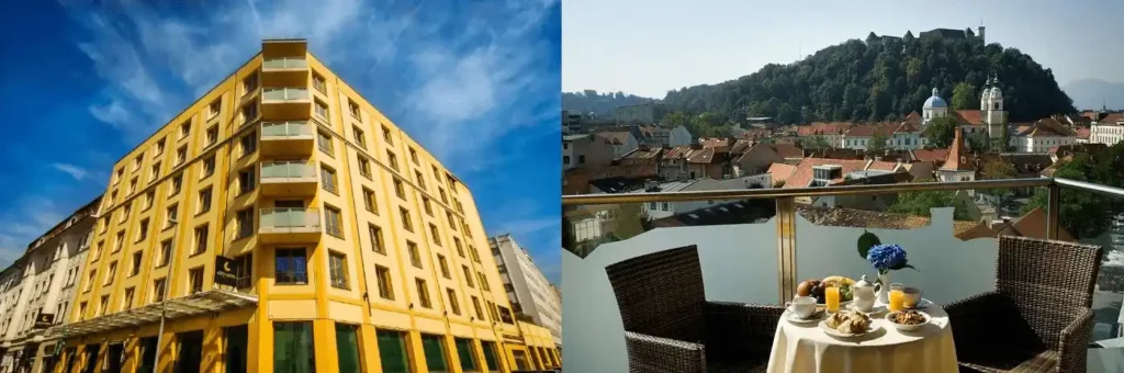 3 Day Itinerary in Slovenia city guide image featuring a diptych: (left) the prominent yellow modern exterior facade of City Hotel Ljubljana against a blue sky, and (right) a breakfast table set for two on the hotel's terrace overlooking the old town roofs and Ljubljana Castle on the hill.