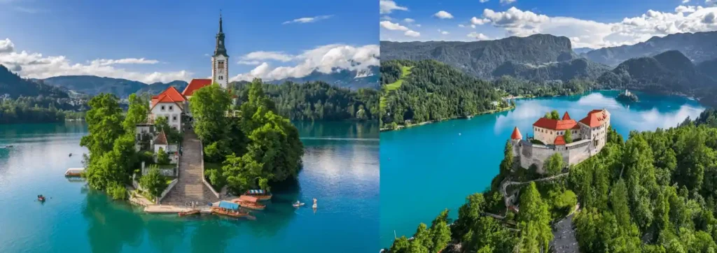3 Day Itinerary in Slovenia vacation guide image featuring a diptych: (left) a close-up aerial view of Bled Island showing the historic Church of the Assumption, its monumental south staircase, and traditional wooden pletna boats moored at the dock, and (right) an elevated panoramic view of Bled Castle perched on a steep cliff overlooking the vibrant turquoise waters of Lake Bled with the island in the distance.