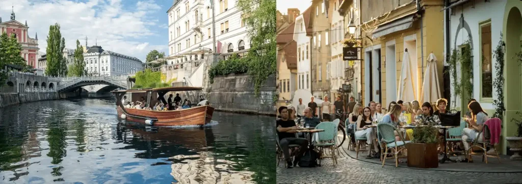 3 Day Itinerary in Slovenia travel guide image featuring a diptych: (left) a traditional wooden tourist boat cruising down the emerald waters of the Ljubljanica River with Jože Plečnik's famous Triple Bridge and the Franciscan Church in the background, and (right) travelers and locals relaxing at outdoor cafe tables along a historic cobblestone street in Ljubljana's old town.