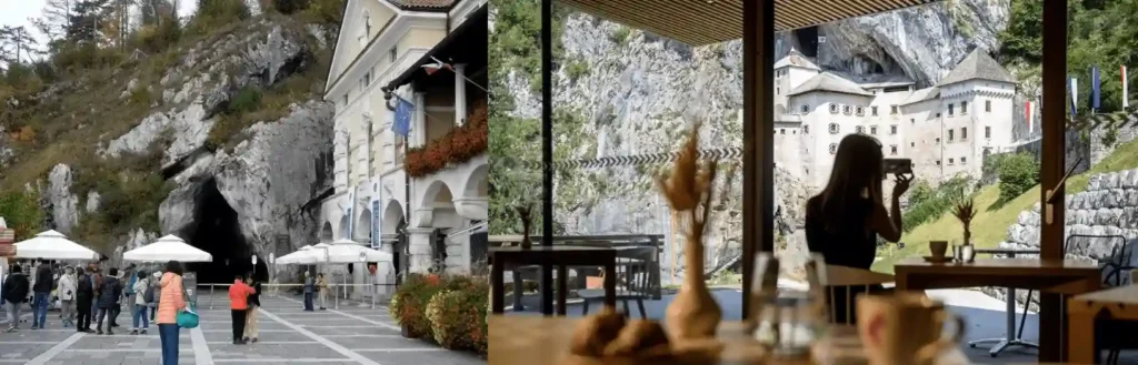 3 Day Itinerary in Slovenia day trip guide image featuring a diptych: (left) the stone entrance square outside Postojna Cave with visitors gathered near the mansion terminal building and cave mouth, and (right) the striking view of the medieval Predjama Castle built into a massive cliff face, as seen from a nearby cafe restaurant where a guest sits at a table.