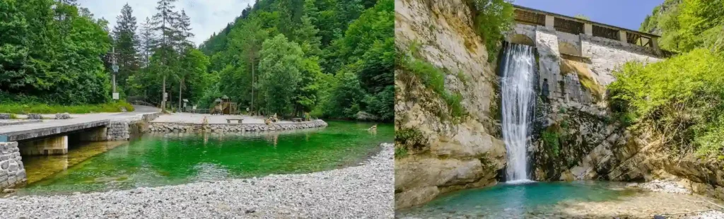 5 Day Itinerary in Slovenia nature and outdoor guide image featuring a diptych: (left) the emerald green, clear natural swimming pools of Idrijska Bela surrounded by pebble beaches and dense alpine forests, and (right) the historic stone water barrier wall of Idrijske Klavže with a rushing waterfall cascading down into a bright turquoise pool within the Idrija UNESCO Global Geopark.