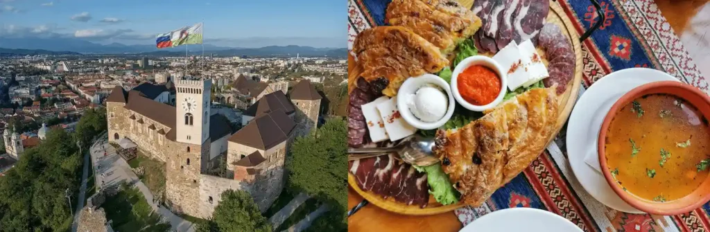 5 Day Itinerary in Slovenia culinary and sightseeing guide image featuring a diptych: (left) an aerial view of the historic Ljubljana Castle complex with its prominent clock tower flying the city flag over the sprawling urban landscape below, and (right) a flat-lay view of a traditional Balkan food platter showcasing layered burek pastry, cured meats, white cheese, ajvar spread, and a rustic bowl of savory broth set on a patterned tablecloth.